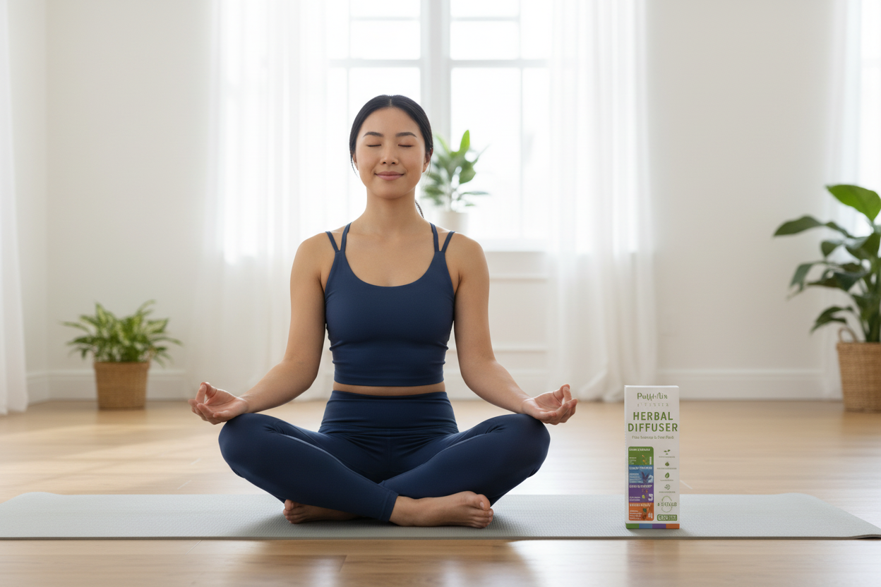 Woman doing yoga with PuffiAir packaging
