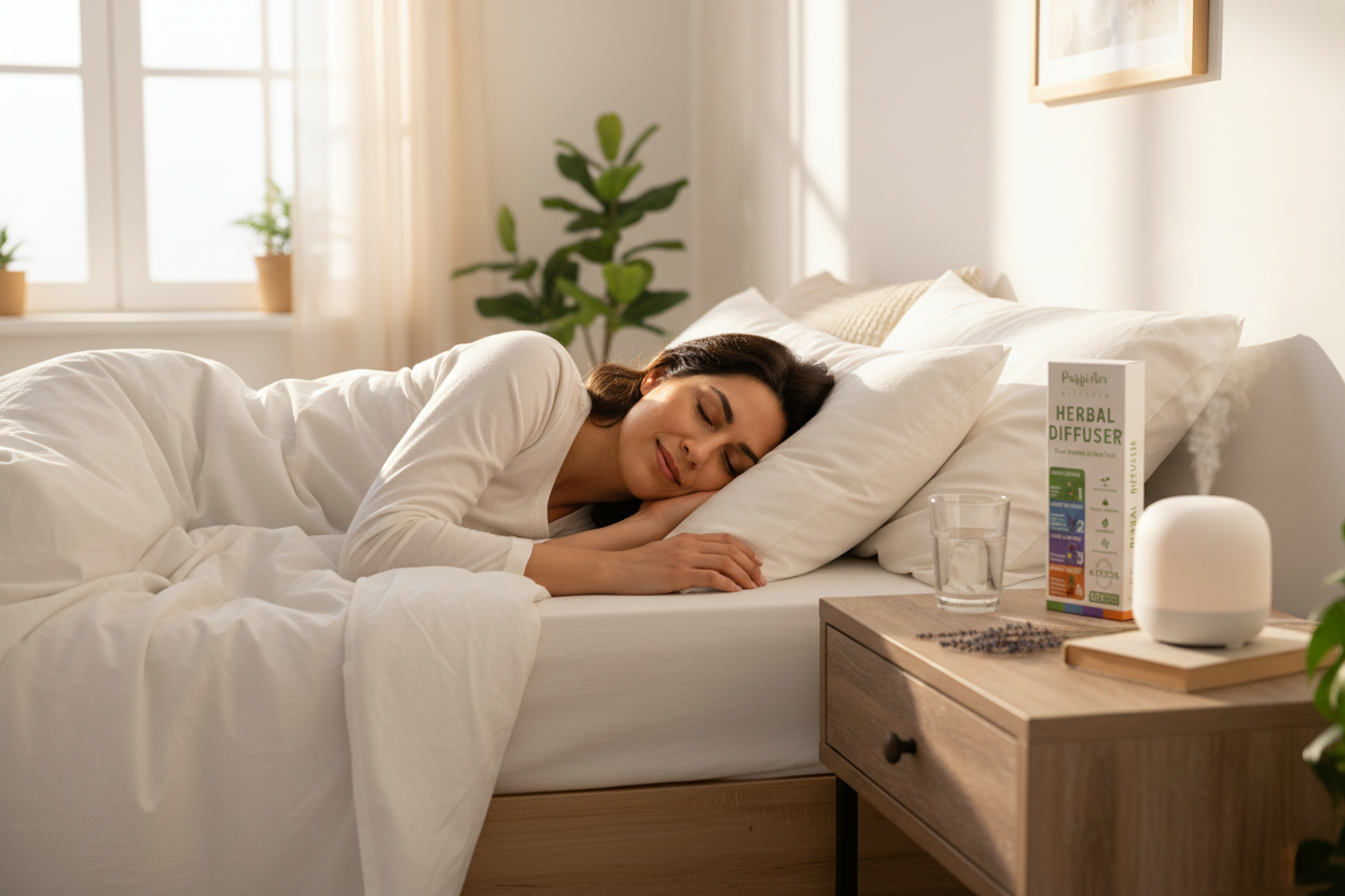 Woman sleeping with PuffiAir packaging on nightstand